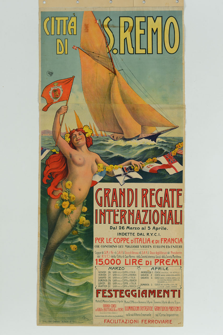 sirena con bandiere sullo sfondo di una regata di barche a vela (manifesto) - ambito svizzero (sec. XX)