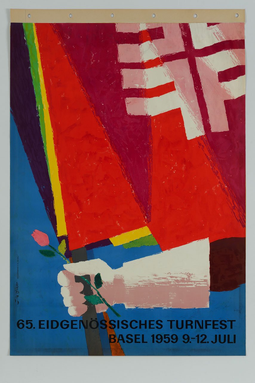 mano in guanto bianco con rosa e bandiere nel pugno (manifesto) di Bühler Fritz (sec. XX)