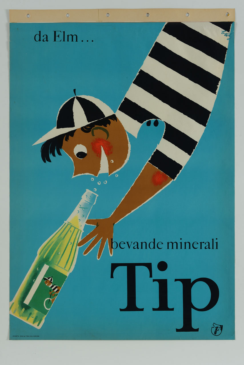 bambino proteso in basso verso una bottiglia con bibita gassata (manifesto) - ambito svizzero (sec. XX)