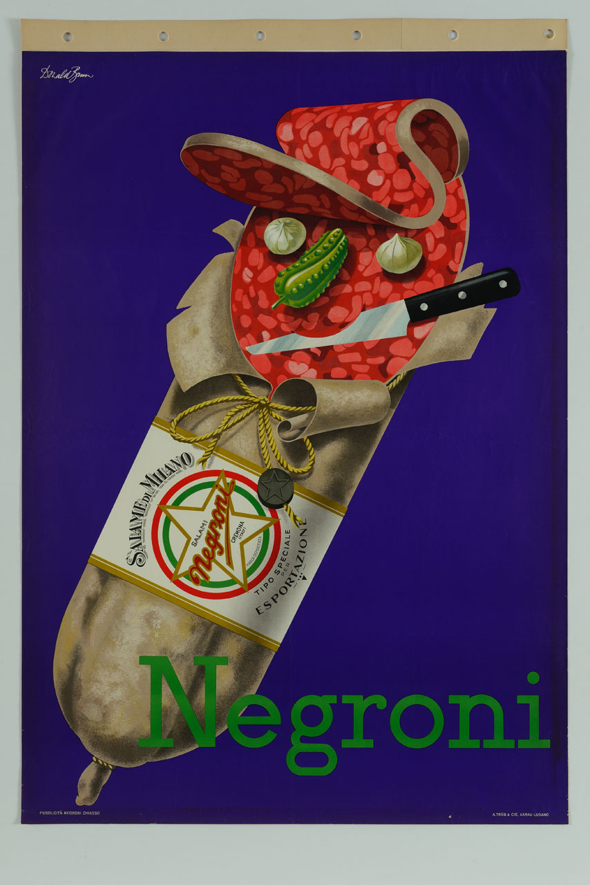 salame affettato antropomorfo e coltello (manifesto) di Brun Donald (sec. XX)