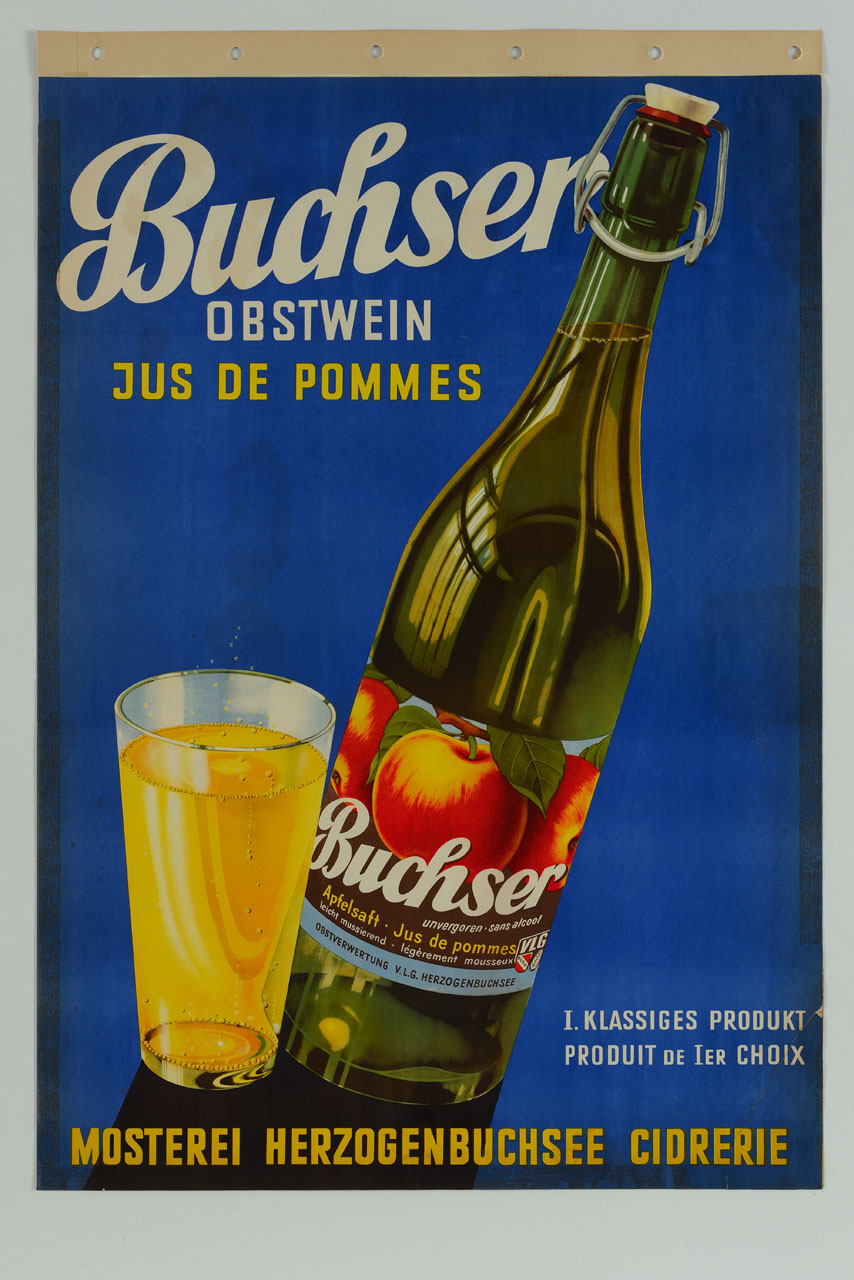 bottiglia e bicchiere con succo di mela (manifesto) - ambito svizzero (sec. XX)