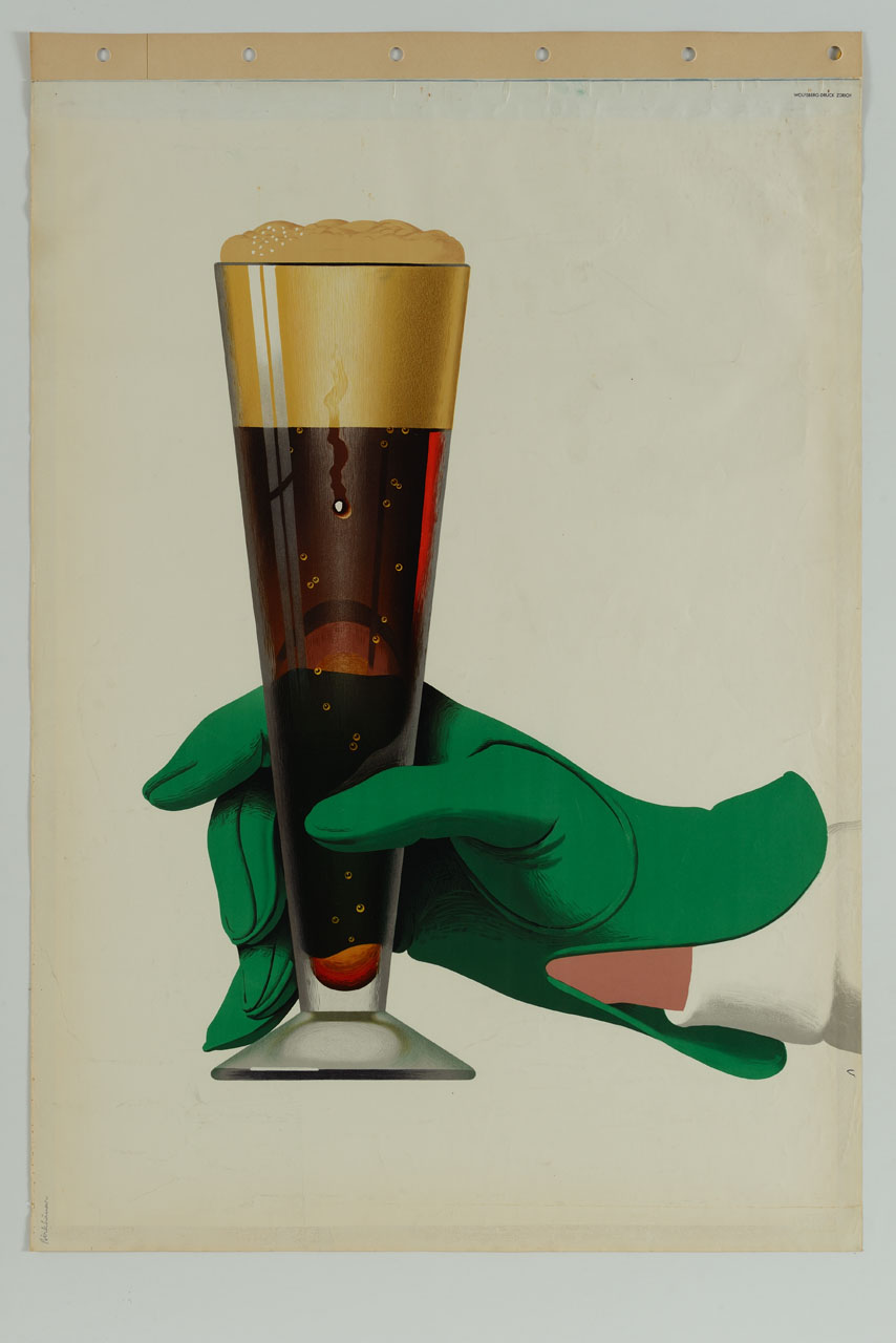 mano guantata con bicchiere di birra (manifesto) di Birkhäuser Peter (sec. XX)