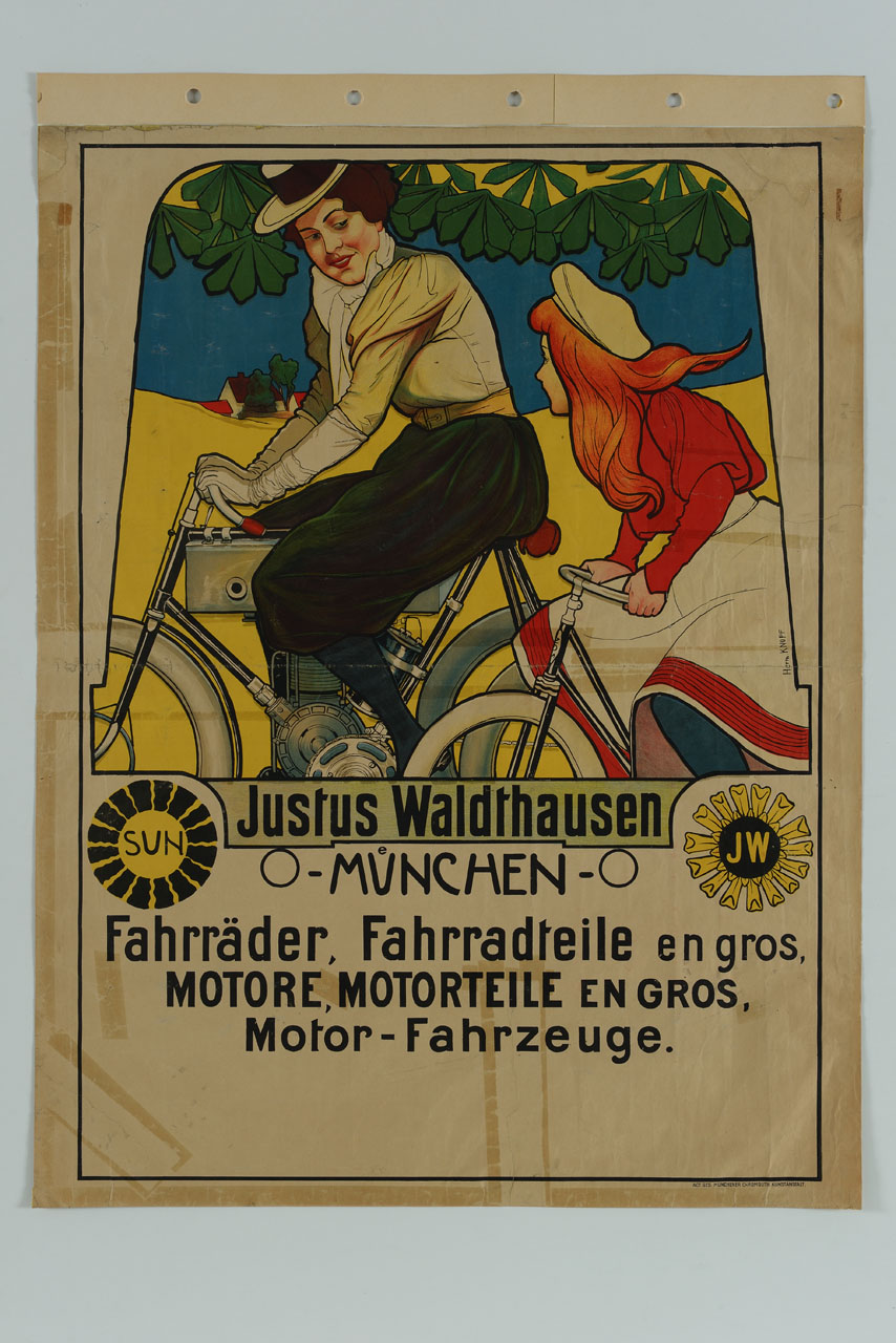 donna e ragazzina in bicicletta (manifesto) di Knopf Hermann - ambito tedesco (sec. XX)