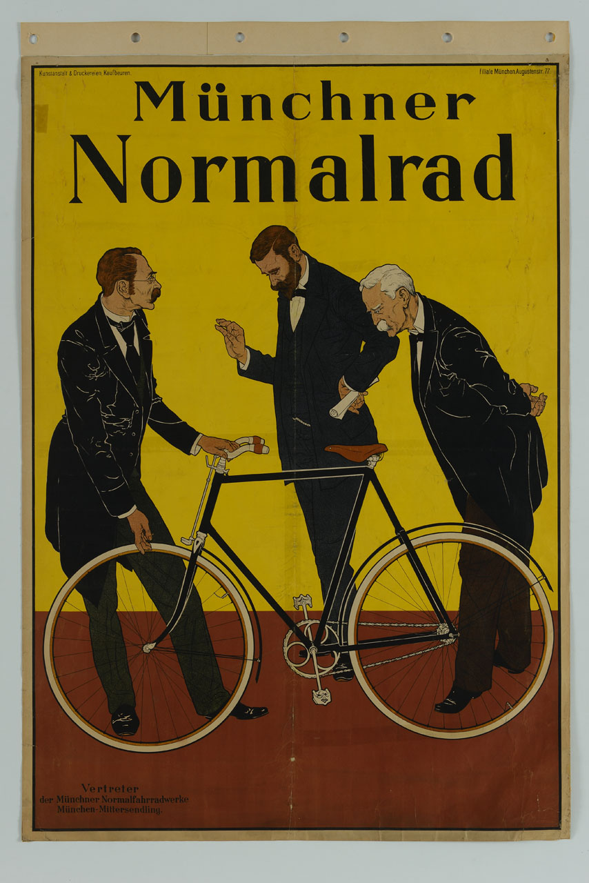 tre uomini intorno a una bicicletta (manifesto) - ambito tedesco (sec. XX)