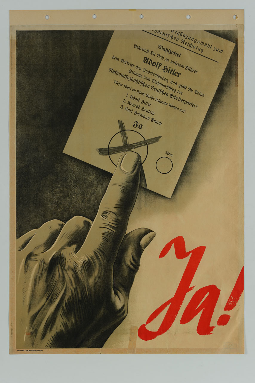 mano con indice puntato su una scheda elettorale barrata sul SI (manifesto) - ambito tedesco (sec. XX)