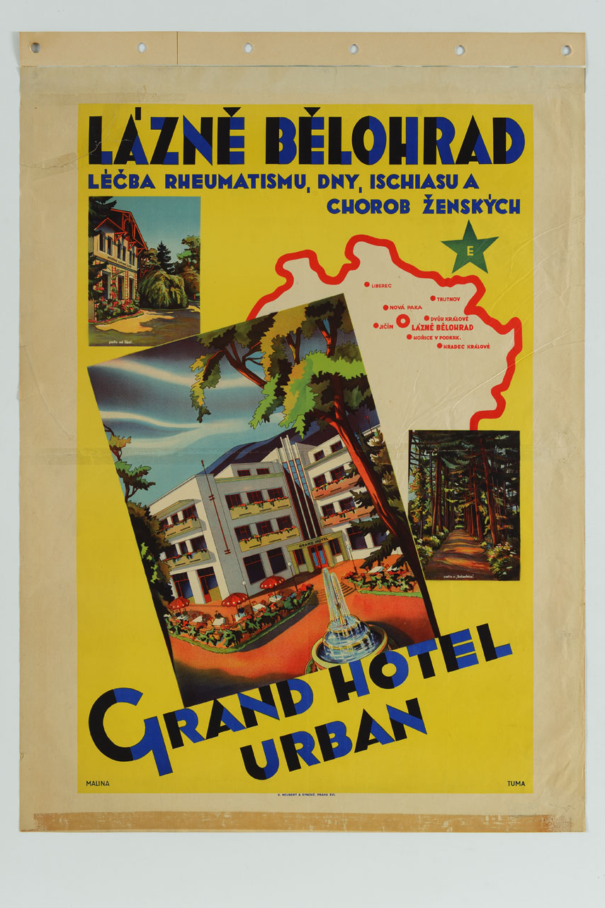 immagini del Grand Hotel Urban di Belgrado e cartina della regione (manifesto) di Lukáš Malina, Tomáš Tůma - ambito cecoslovacco (sec. XX)