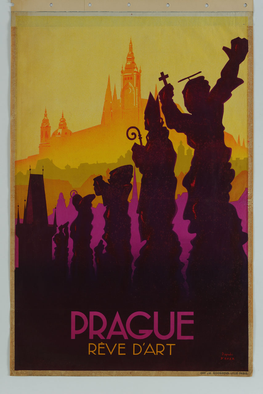 veduta delle statue sul Ponte Carlo a Praga e castello sullo sfondo (manifesto) di Rykr Zdenek (sec. XX)