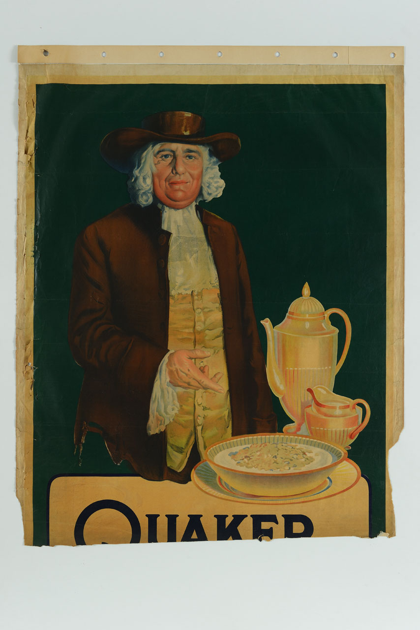 quacchero con piatto di cerali su una tavola con brocche (manifesto) - ambito America settentrionale (sec. XIX)