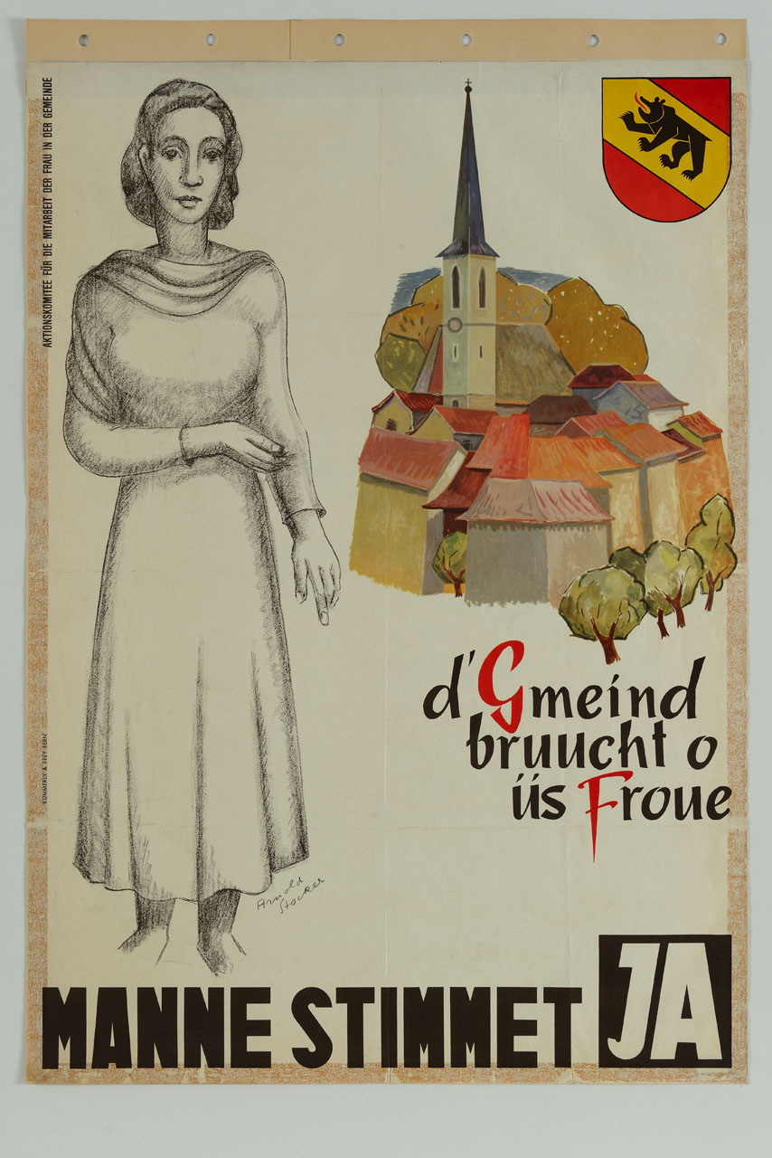 donna e villaggio svizzero con stemma di Berna (manifesto) di Stocker Arnold - ambito svizzero (sec. XX)