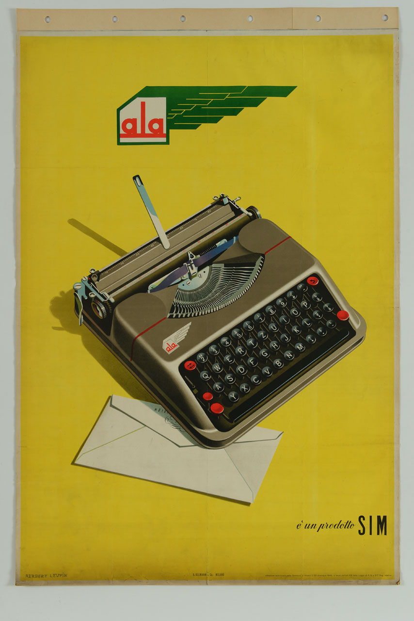 macchina per scrivere con busta da lettere (manifesto) di Leupin Herbert (sec. XX)