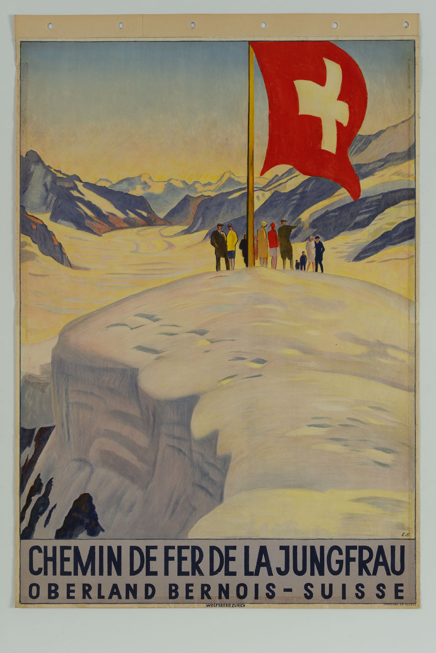 gruppo di persone sullo Jungfrau con bandiera svizzera (manifesto) di Cardinaux Emil (sec. XX)