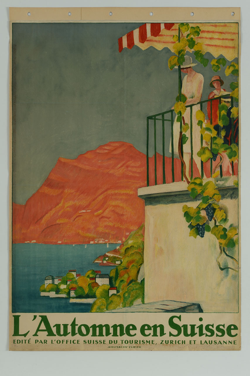 veduta lacustre con figure su un'alta terrazza (manifesto) di Cardinaux Emil (sec. XX)