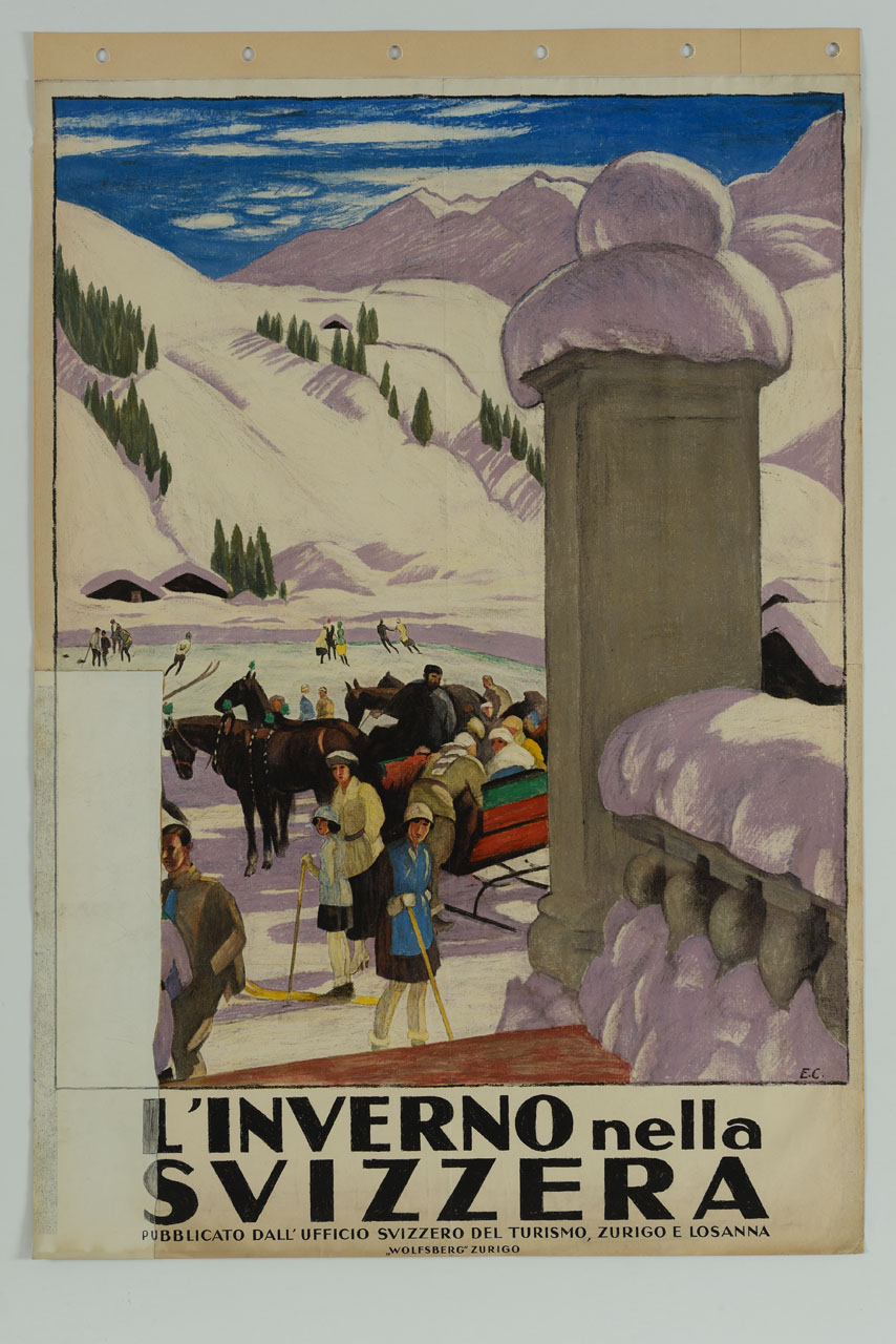 sciatori sulla neve con slitta e cavalli (manifesto) di Cardinaux Emil (sec. XX)