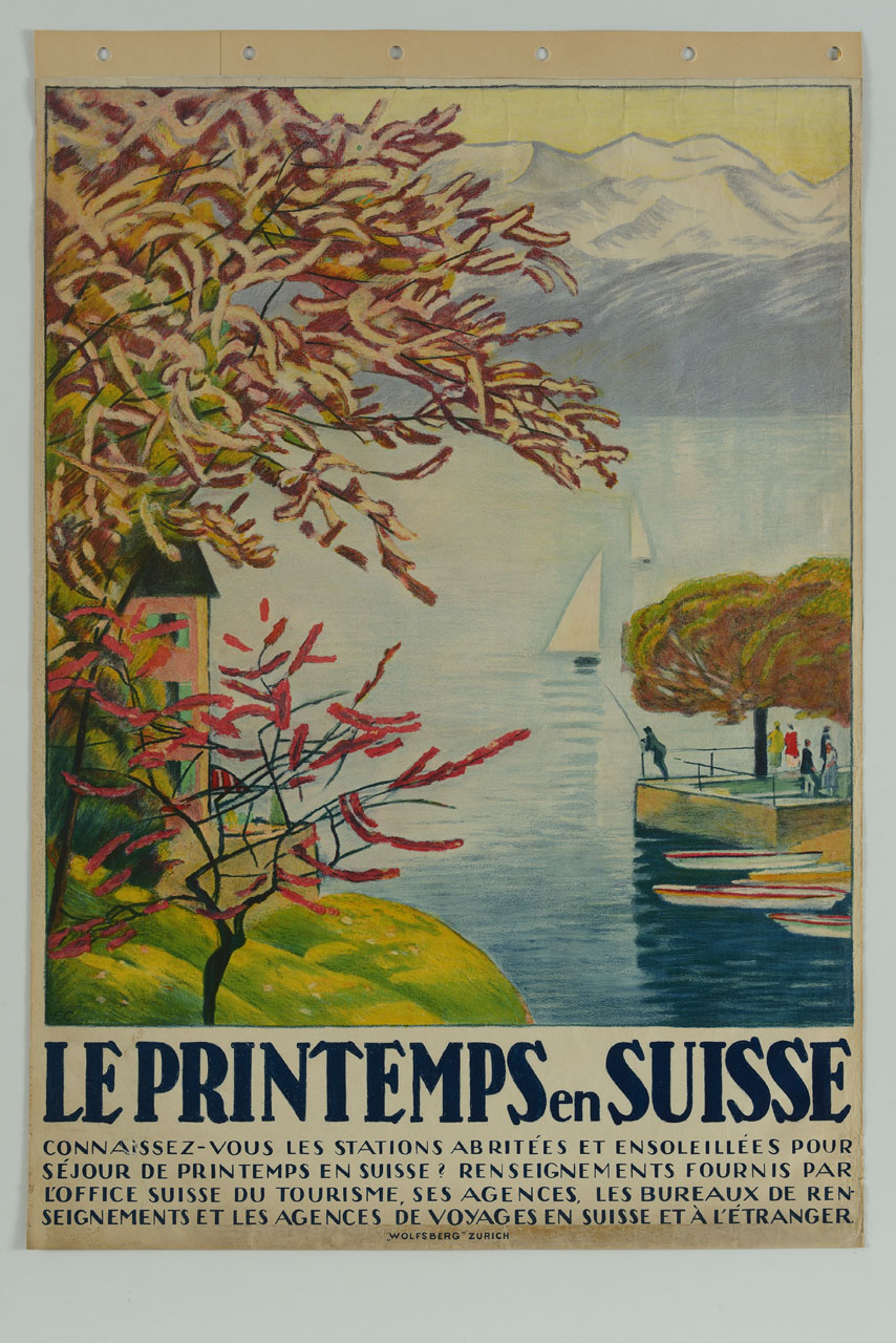 veduta lacustre con alberi e barche (manifesto) di Cardinaux Emil (sec. XX)