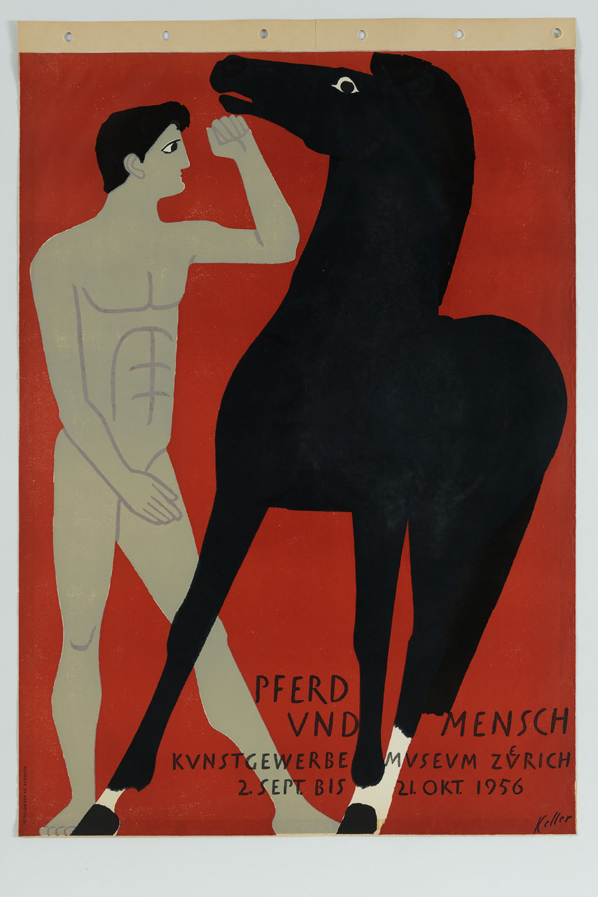 uomo accanto a un cavallo nero (manifesto) di Keller Ernst - ambito svizzero (sec. XX)