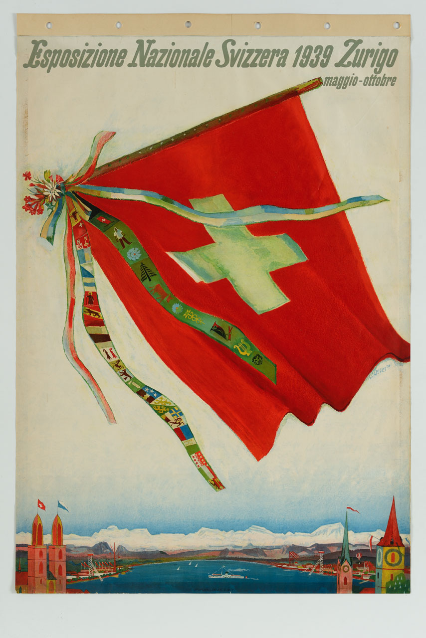bandiera svizzera con nastri sullo sfondo di una veduta lacustre (manifesto) di Carigiet Alois (sec. XX)