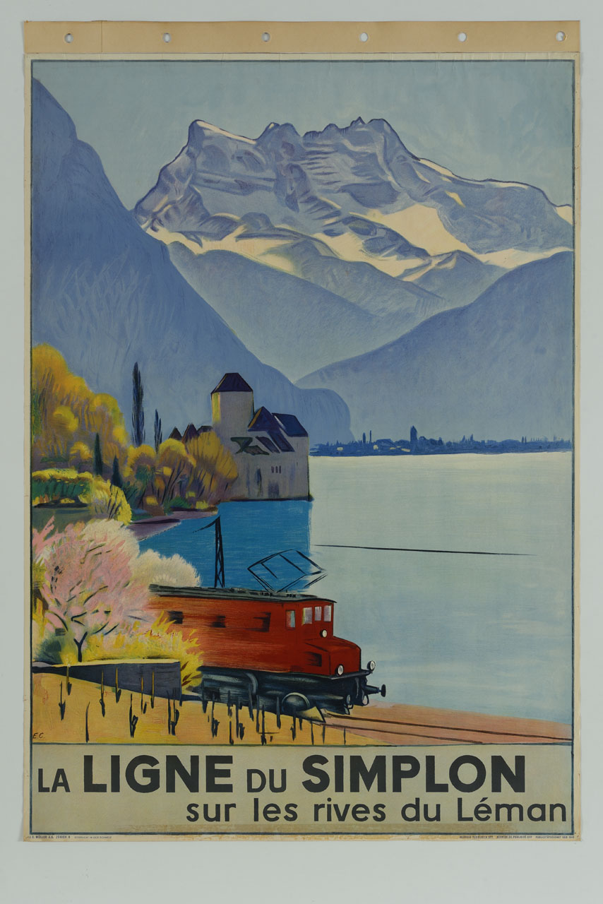 veduta del lago di Lemano con treno in primo piano (manifesto) di Cardinaux Emil - ambito svizzero (sec. XX)