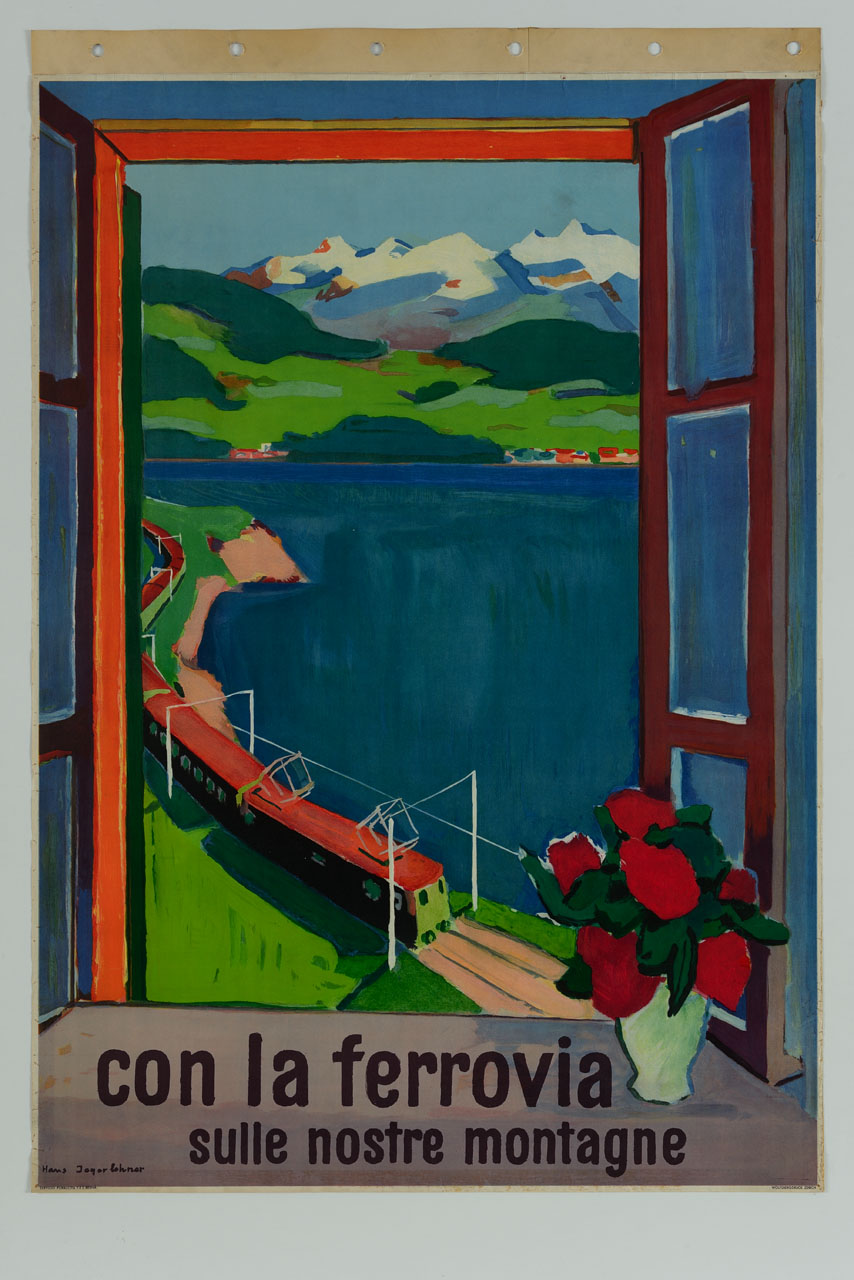 finestra aperta su una veduta lacustre con treno al passaggio (manifesto) di Jegerlehner Hans - ambito svizzero (sec. XX)