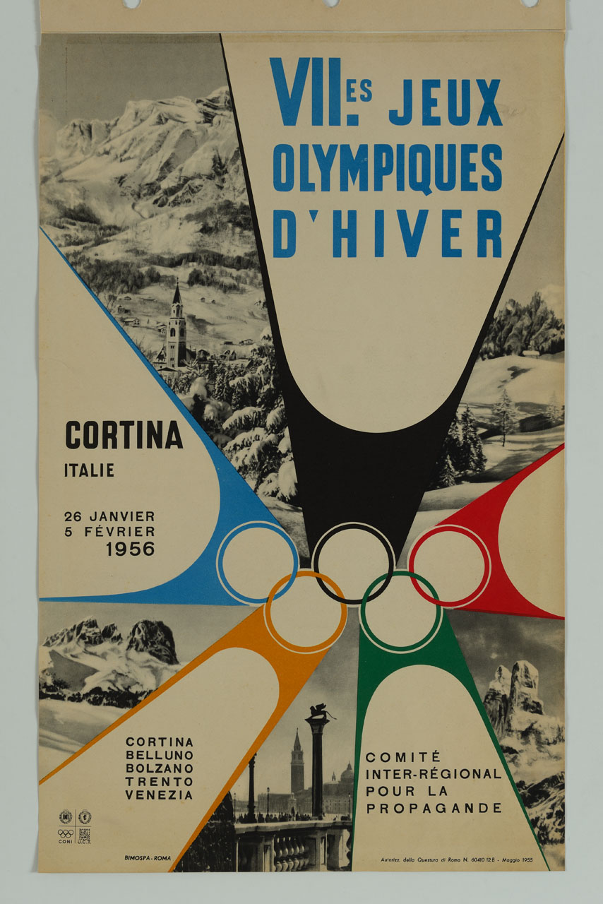 composizione con fotografie di Cortina e dintorni e simbolo delle Olimpiadi (manifesto) - ambito italiano (sec. XX)