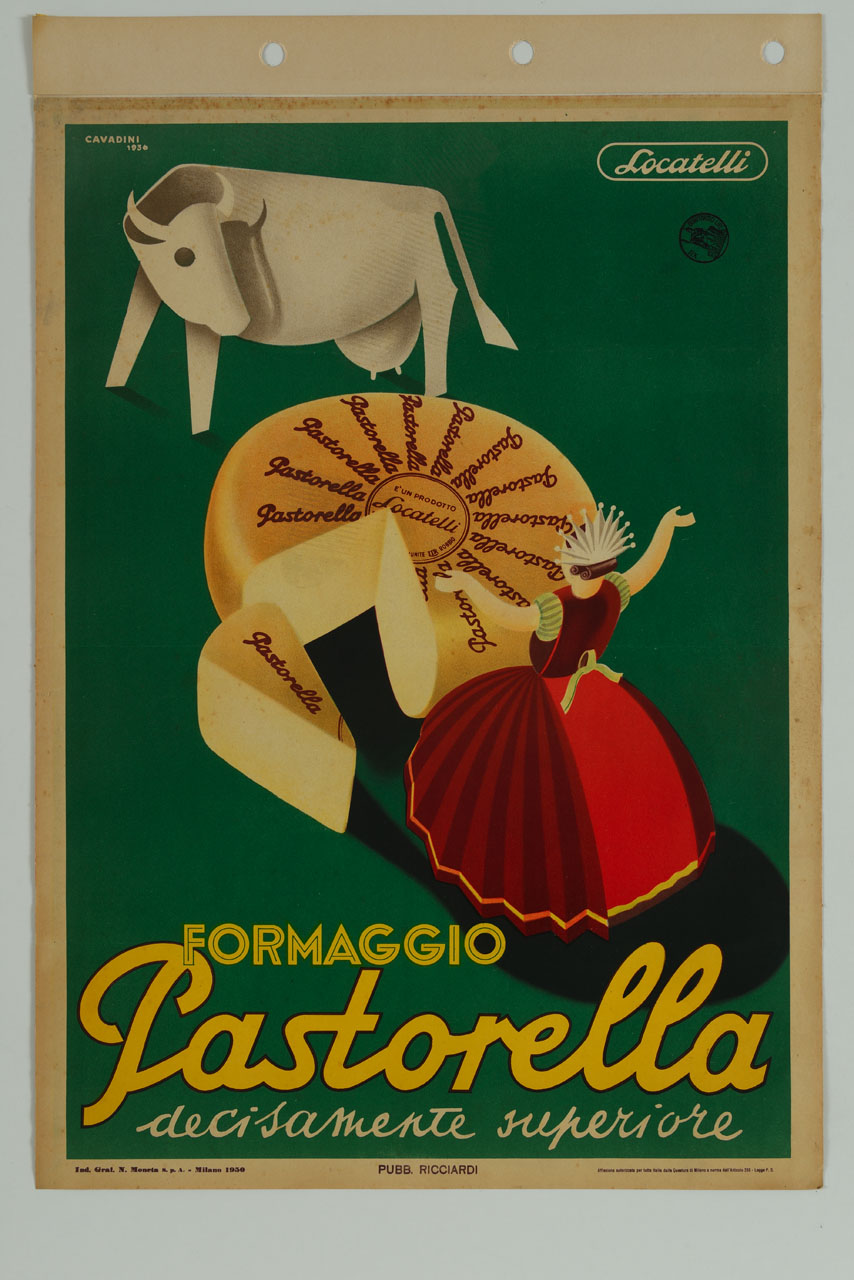 figura femminile e mucca con forma di formaggio al centro (manifesto) di Cavadini Alfredo (sec. XX)
