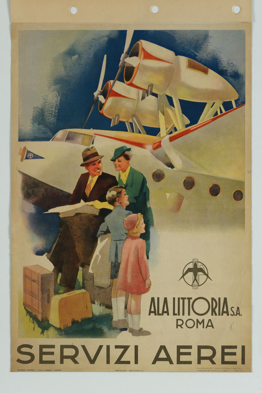 famiglia con valigie presso un aeroplano (manifesto) - ambito italiano (sec. XX)