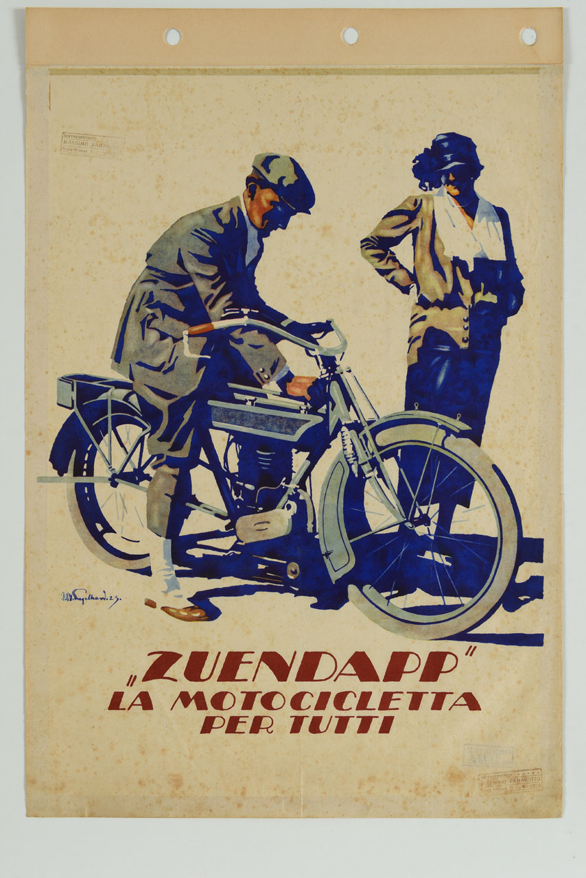 uomo su una motocicletta e donna in piedi (manifesto) di Gugelhan F.W. (?) - ambito tedesco (sec. XX)