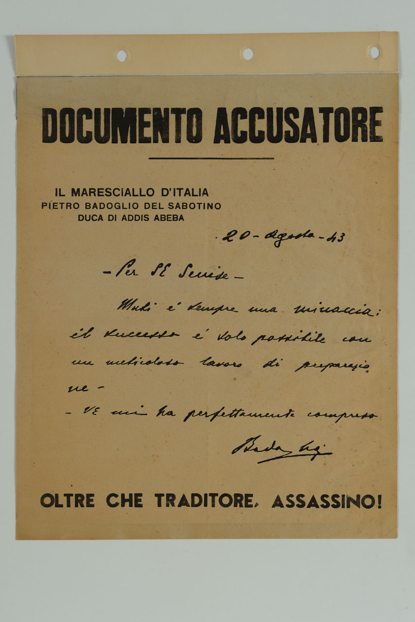 riproduzione di lettera di Pietro Badoglio a Carmine Senise (manifesto) - ambito italiano (sec. XX)