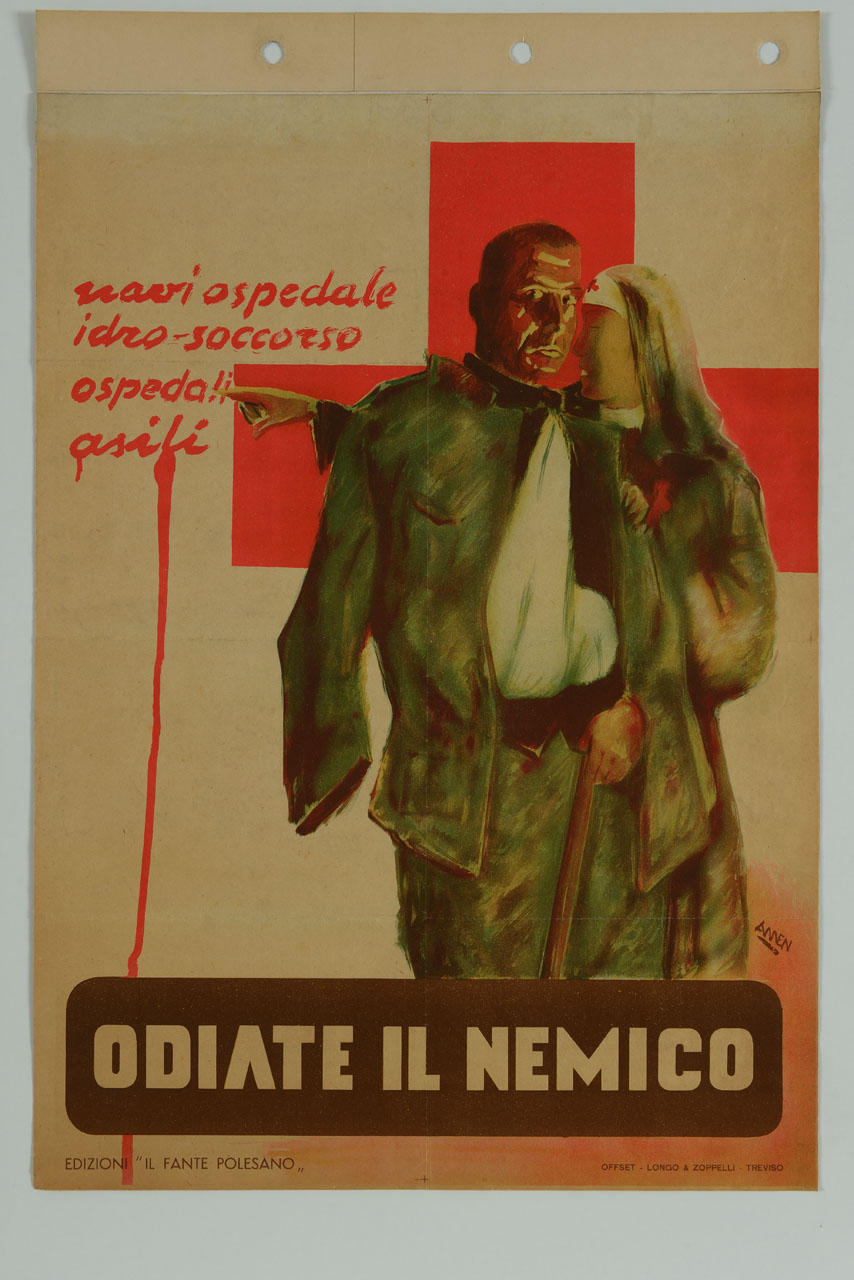 soldato con braccio fasciato e infermiera (manifesto) di Menegazzo Antonio detto Amen (sec. XX)
