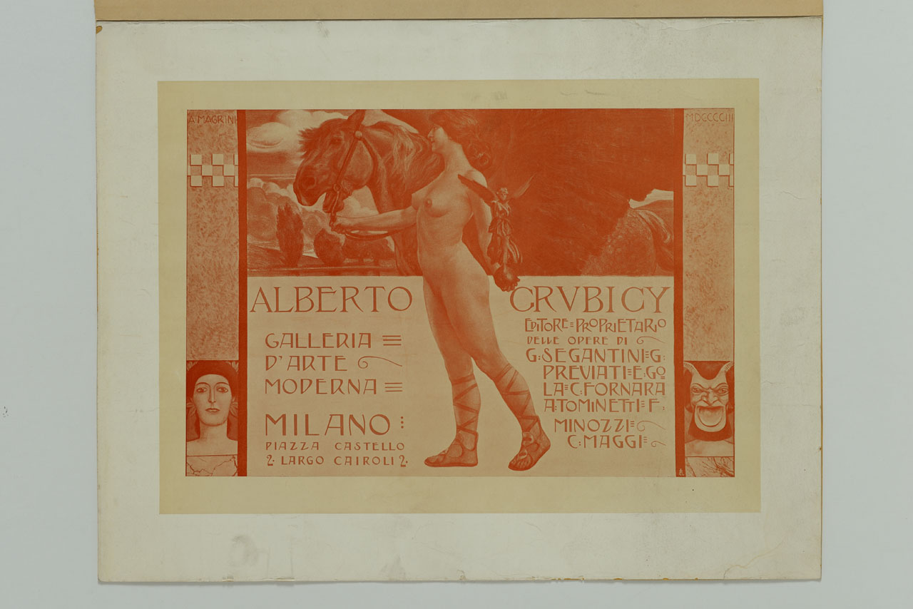 donna nuda e cavallo con statuetta alata su globo (manifesto) di Magrini Adolfo (sec. XX)