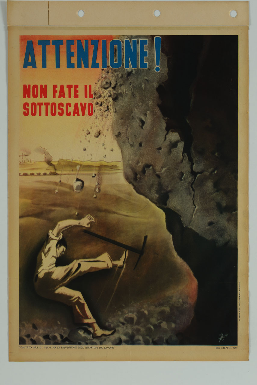 operaio con piccone travolto in uno scavo (manifesto) di Piffero Luigi (sec. XX)