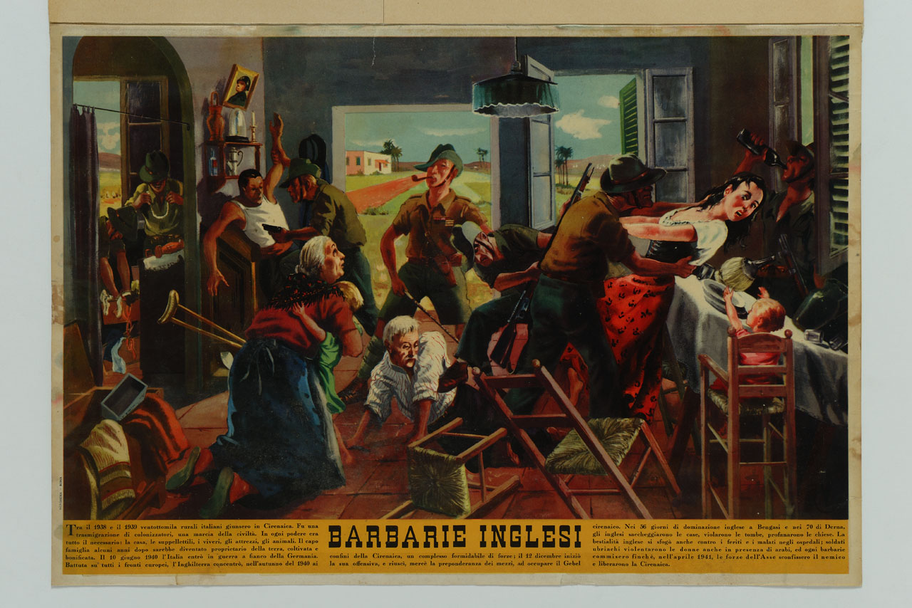 soldati inglesi saccheggiano la casa di una famiglia di coloni italiani in Libia (manifesto) - ambito italiano (sec. XX)