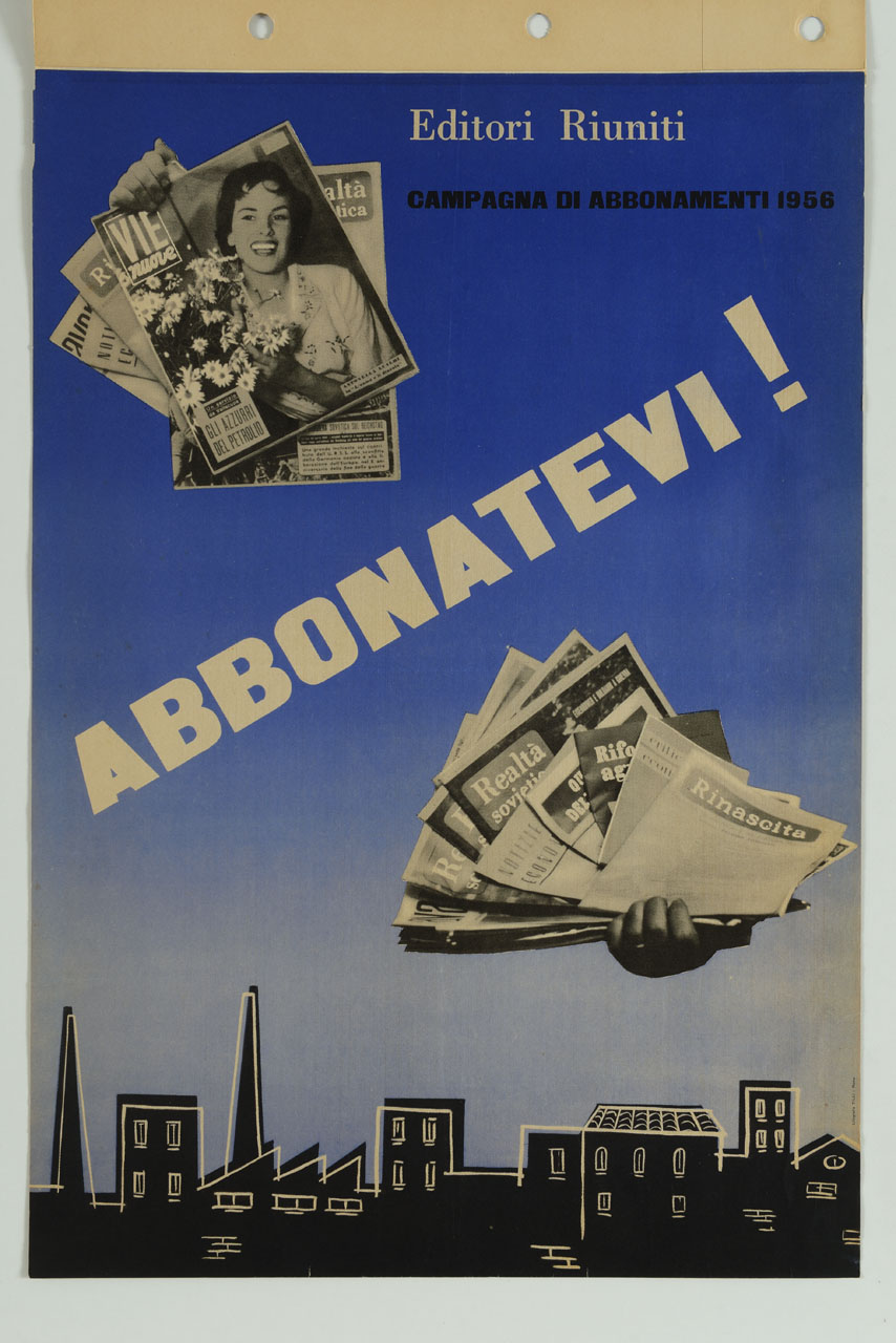 mani con due gruppi di riviste sul profilo di una città (manifesto) - ambito italiano (sec. XX)