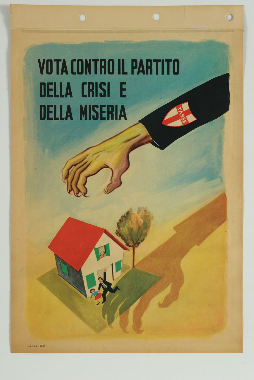 mano artigliata con simbolo DC sopra una casa con uomo e bambina in fuga (manifesto) - ambito italiano (sec. XX)