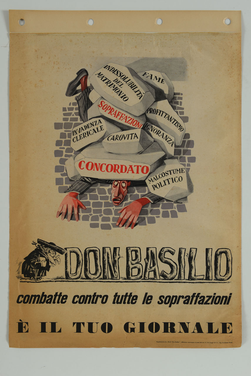 uomo schiacciato sotto massi e caricatura di un prete (manifesto) di Majorana Michele - ambito italiano (sec. XX)