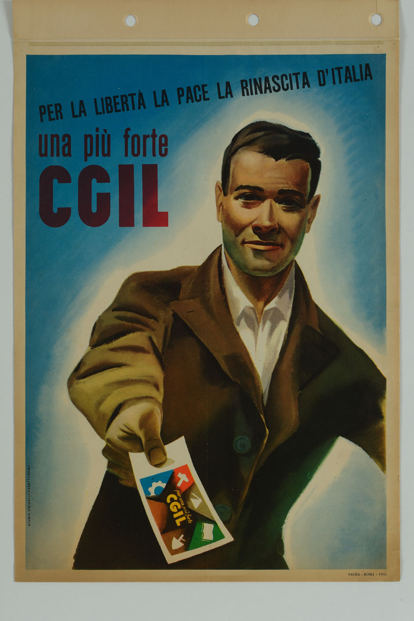 giovane uomo porge tessera della CGIL verso l'osservatore (manifesto) di Studio Visigalli Pasetti (sec. XX)