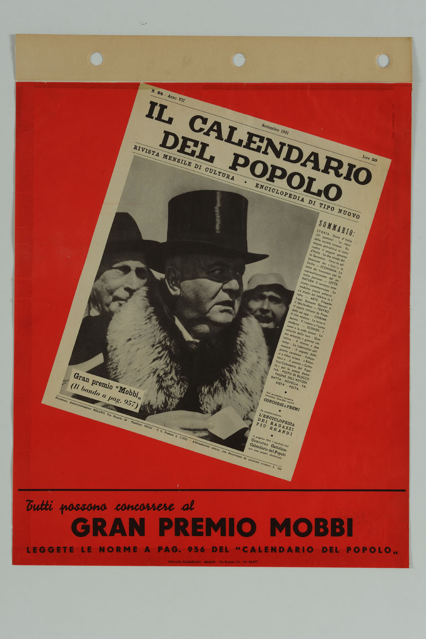 giornale con fotografia di uomo con cappello a cilindro e figure (manifesto) - ambito italiano (sec. XX)