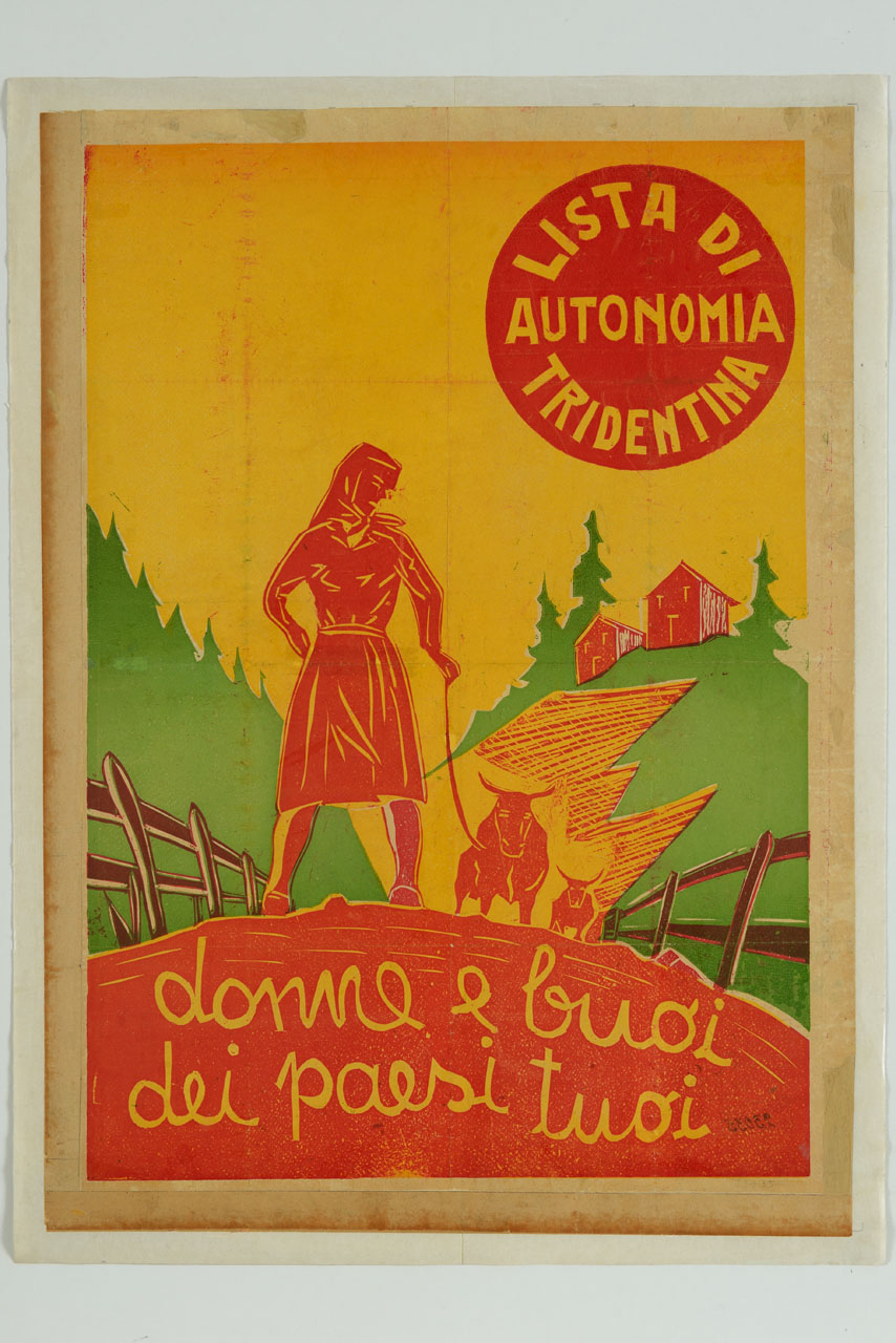 donna con buoi in un paesaggio montano (manifesto) - ambito italiano (sec. XX)
