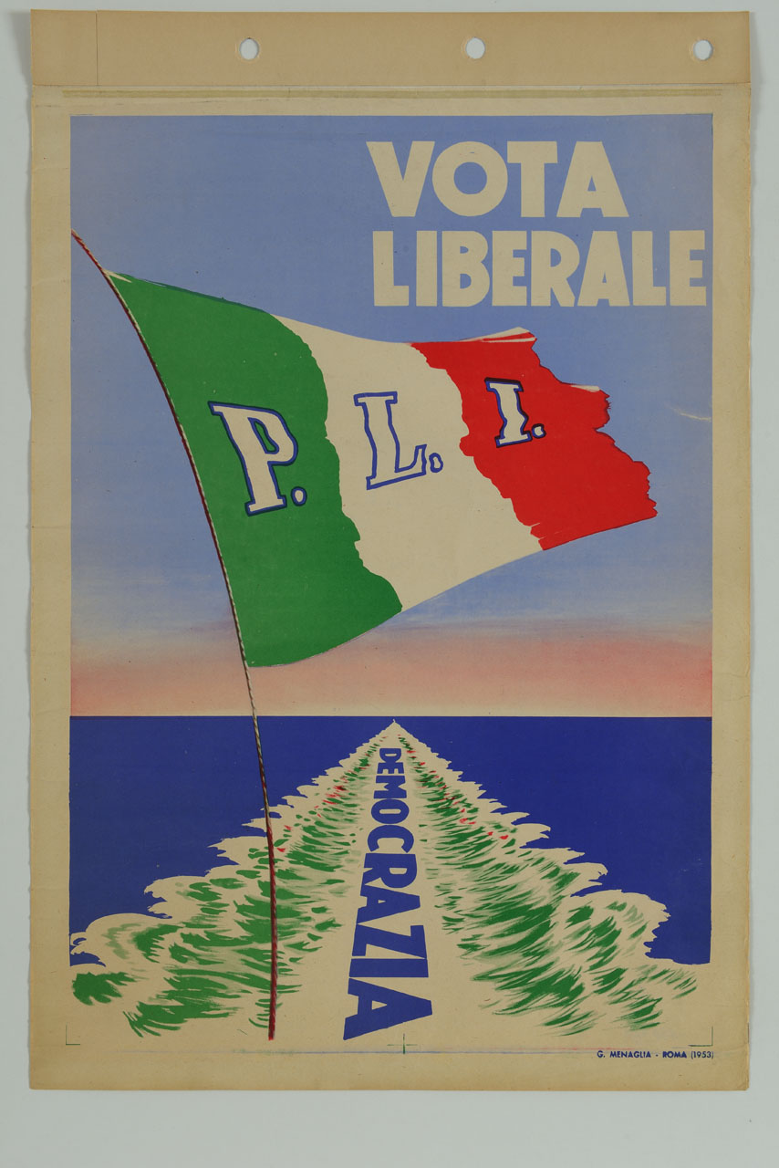 bandiera del PLI sullo sfondo di una scia sul mare (manifesto) - ambito italiano (sec. XX)