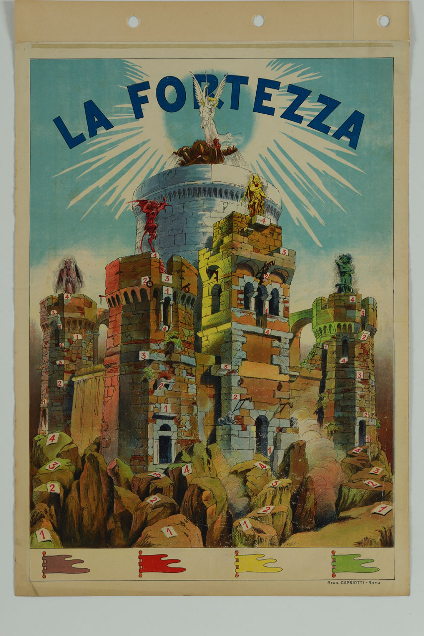 castello con torrioni e demoni, e fortezza con angelo che uccide un drago (manifesto) - ambito italiano (sec. XX)