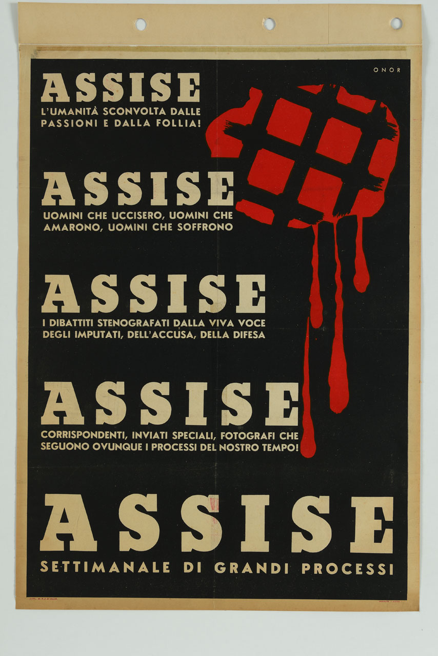 sbarre di una prigione su sfondo rosso con gocce di sangue (manifesto) di Onorato Umberto (sec. XX)