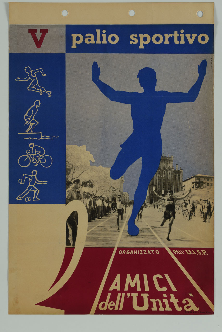 corridori al traguardo in una città e figure di atleti (manifesto) di Scocco Domenico (sec. XX)