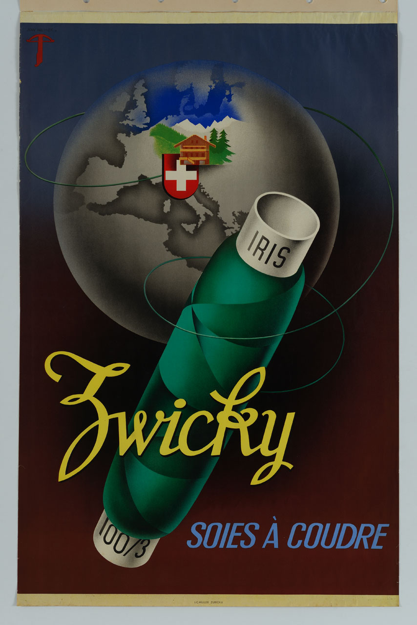globo terrestre e rocchetto di filo (manifesto) di Walther Jean - ambito svizzero (sec. XX)