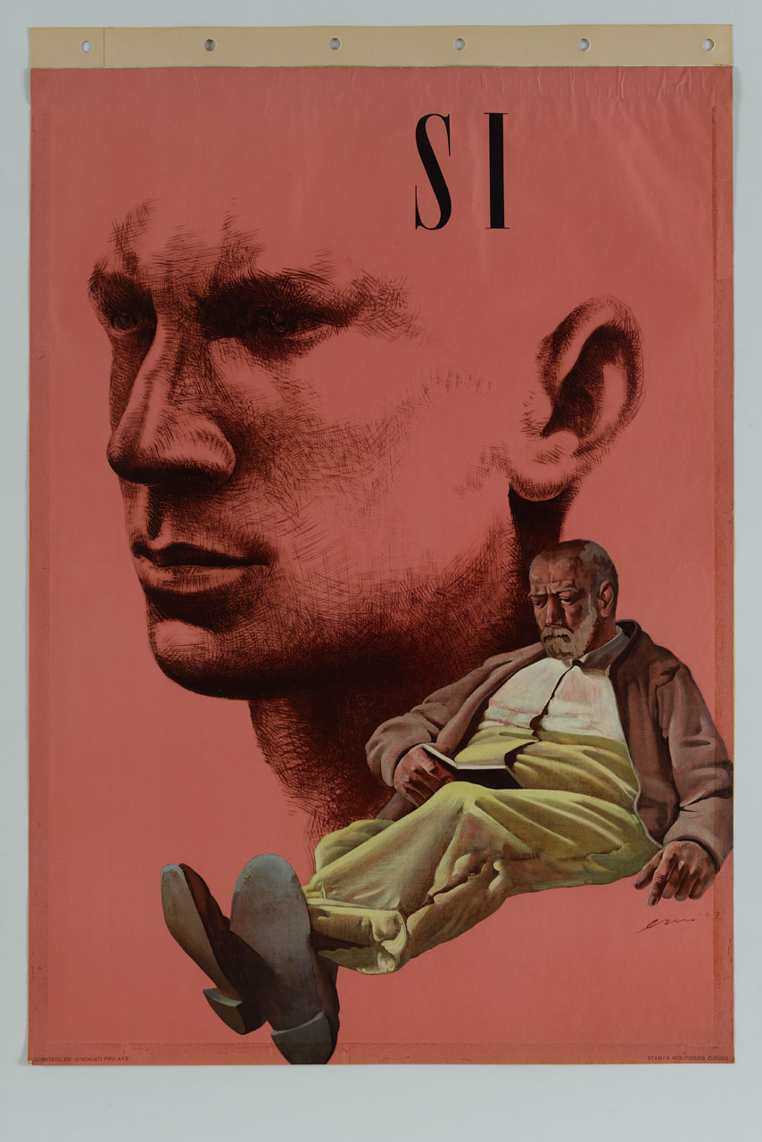 volto maschile e anziano sdraiato che legge (manifesto) di Erni Hans (sec. XX)