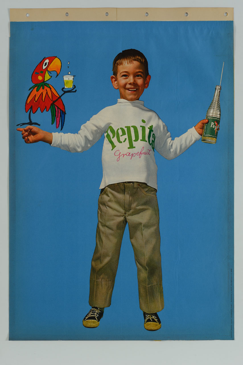 bambino sorregge un pappagallo e una bottiglia di bevanda al pompelmo (manifesto) di Leupin Herbert, Hinz, Hans (sec. XX)