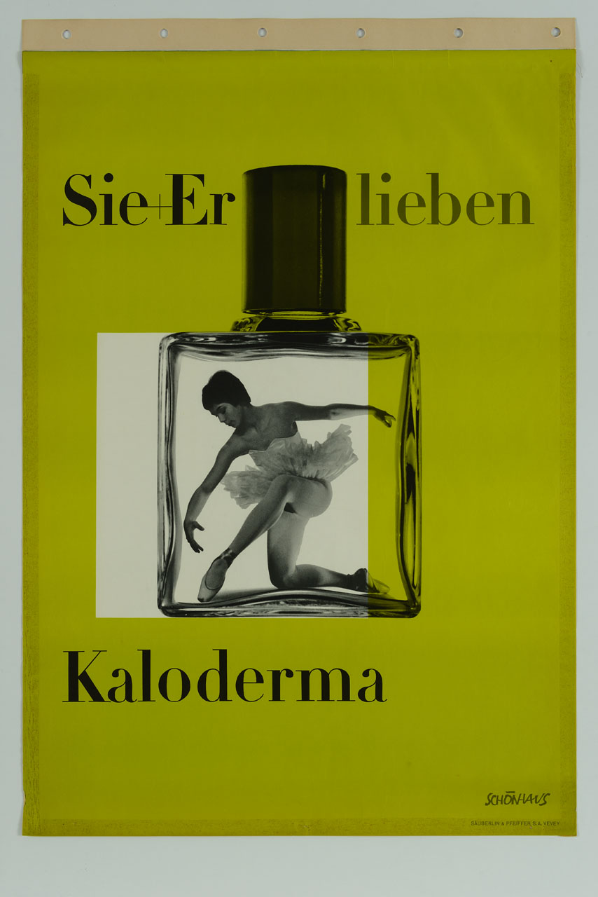 ballerina dentro boccetta di profumo (manifesto) di Cioma Schoenhaus (sec. XX)