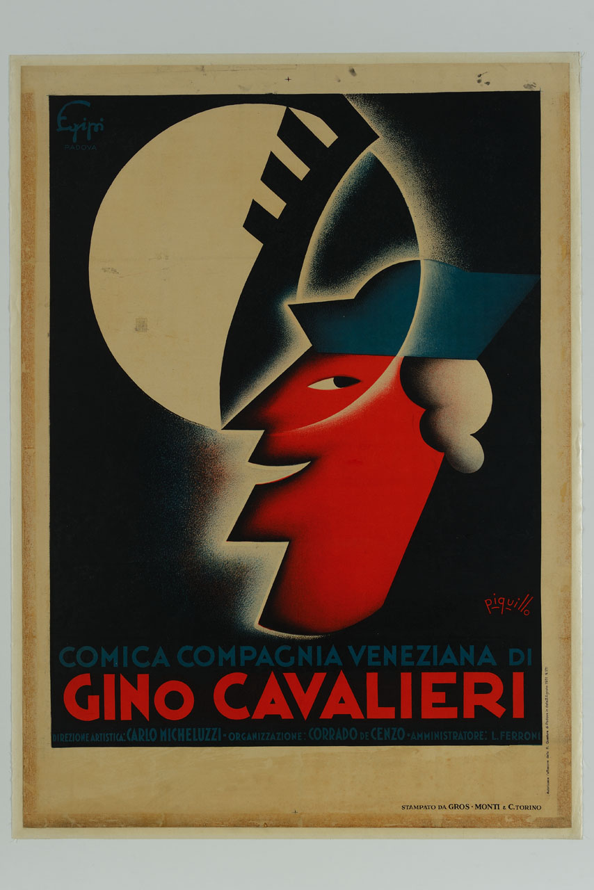 volto maschile stilizzato di profilo e ferro di prua di gondola (manifesto) di Pandolfi Carlo detto Piquillo (sec. XX)