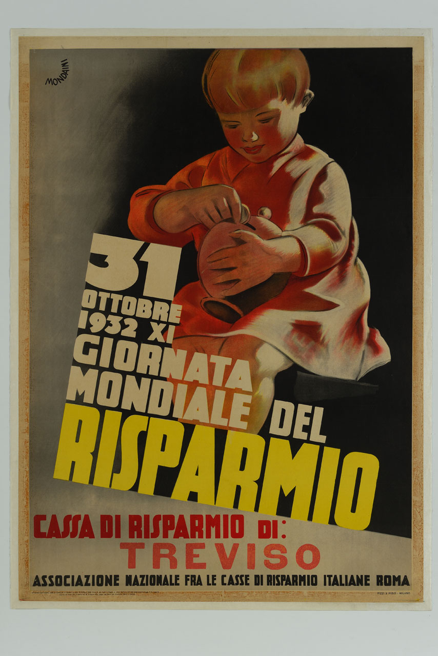 bambina seduta inserisce una moneta nel salvadanaio (manifesto) di Mondaini Giacinto (sec. XX)
