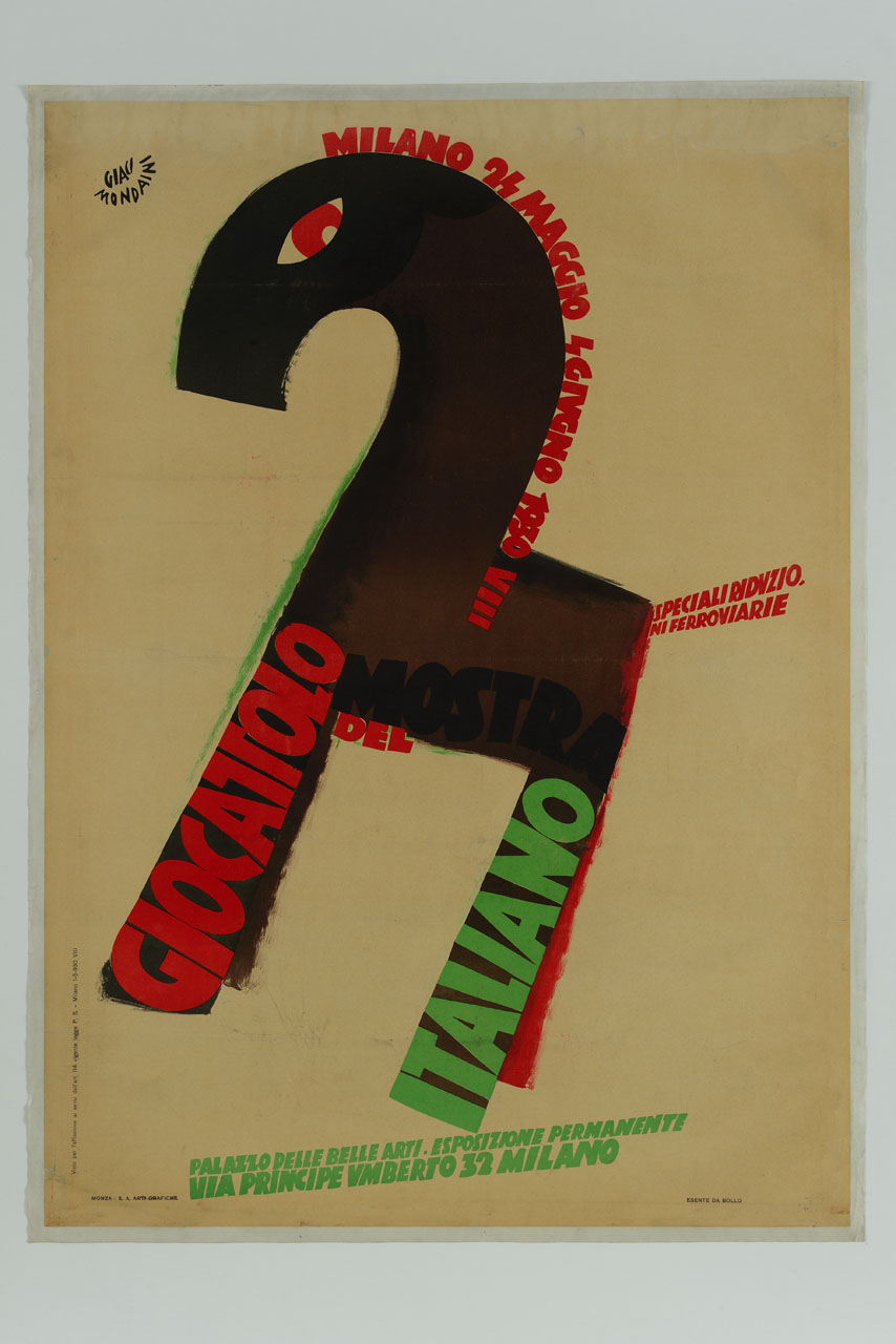 cavallo giocattolo di profilo stilizzato (manifesto) di Mondaini Giacinto (sec. XX)