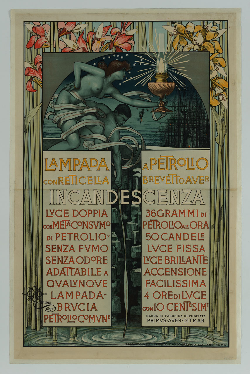 figura femminile nuda, affiancata ad una maschile, sorregge una lampada a incandescenza (manifesto, stampa composita) di Mataloni Giovanni Maria (sec. XX)