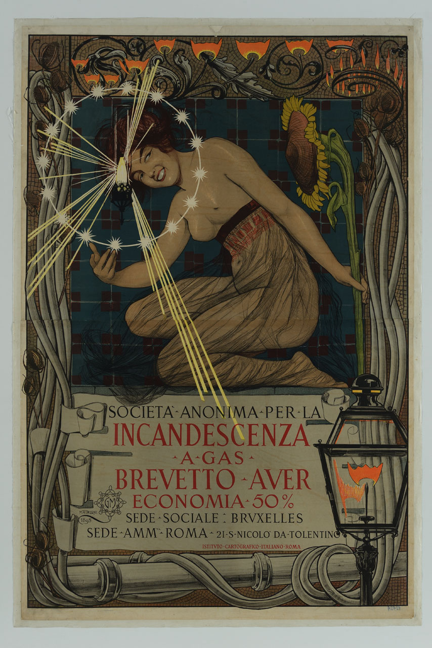 figura femminile con gonna di velo poggia il capo su una lampada che proietta una corona di luce (manifesto, stampa composita) di Mataloni Giovanni Maria (sec. XX)